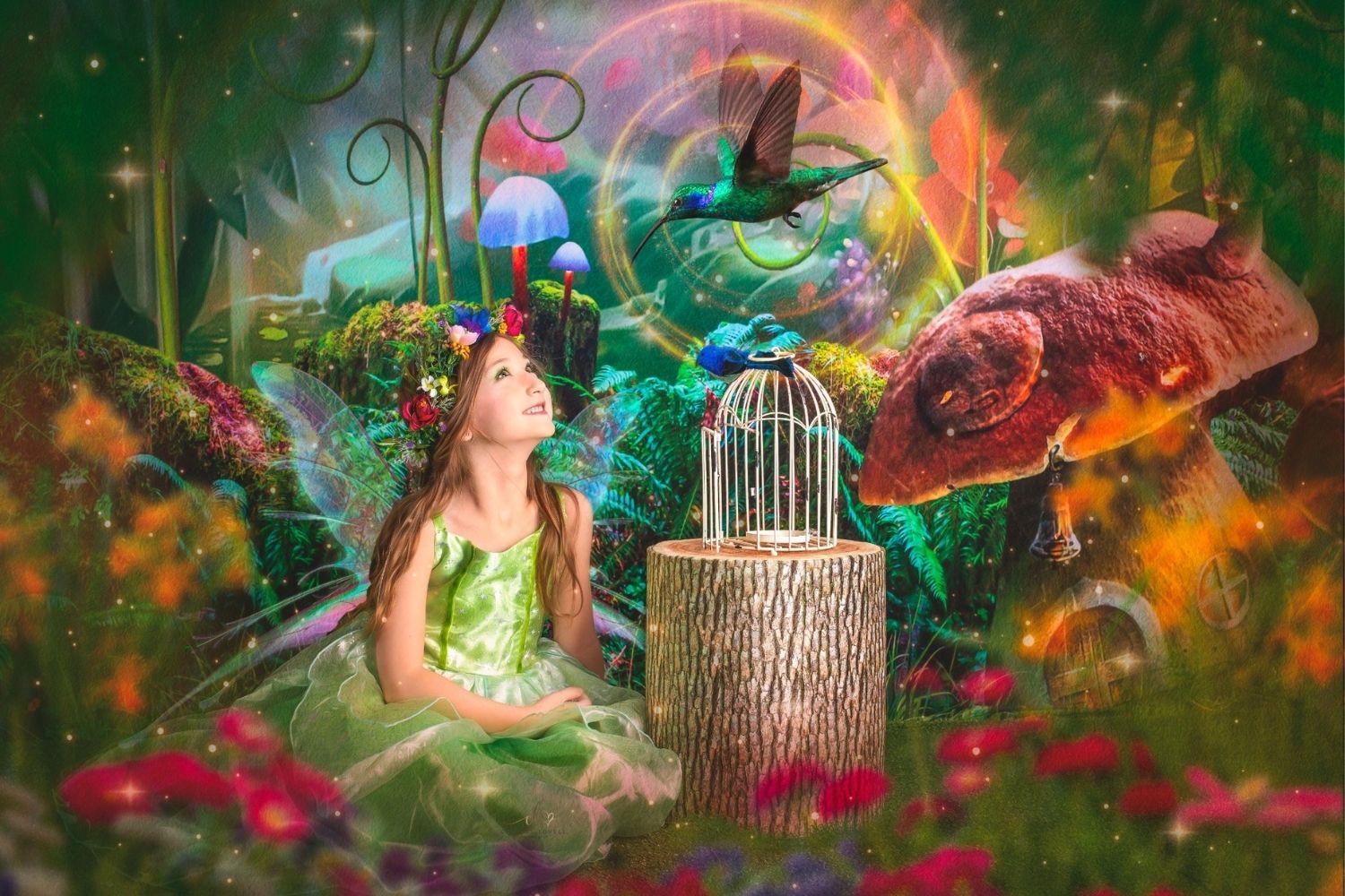 girl's fairy photo with Kate Children Fairy Tale Wonderland Forest Mushrooms Backdrop Summer
