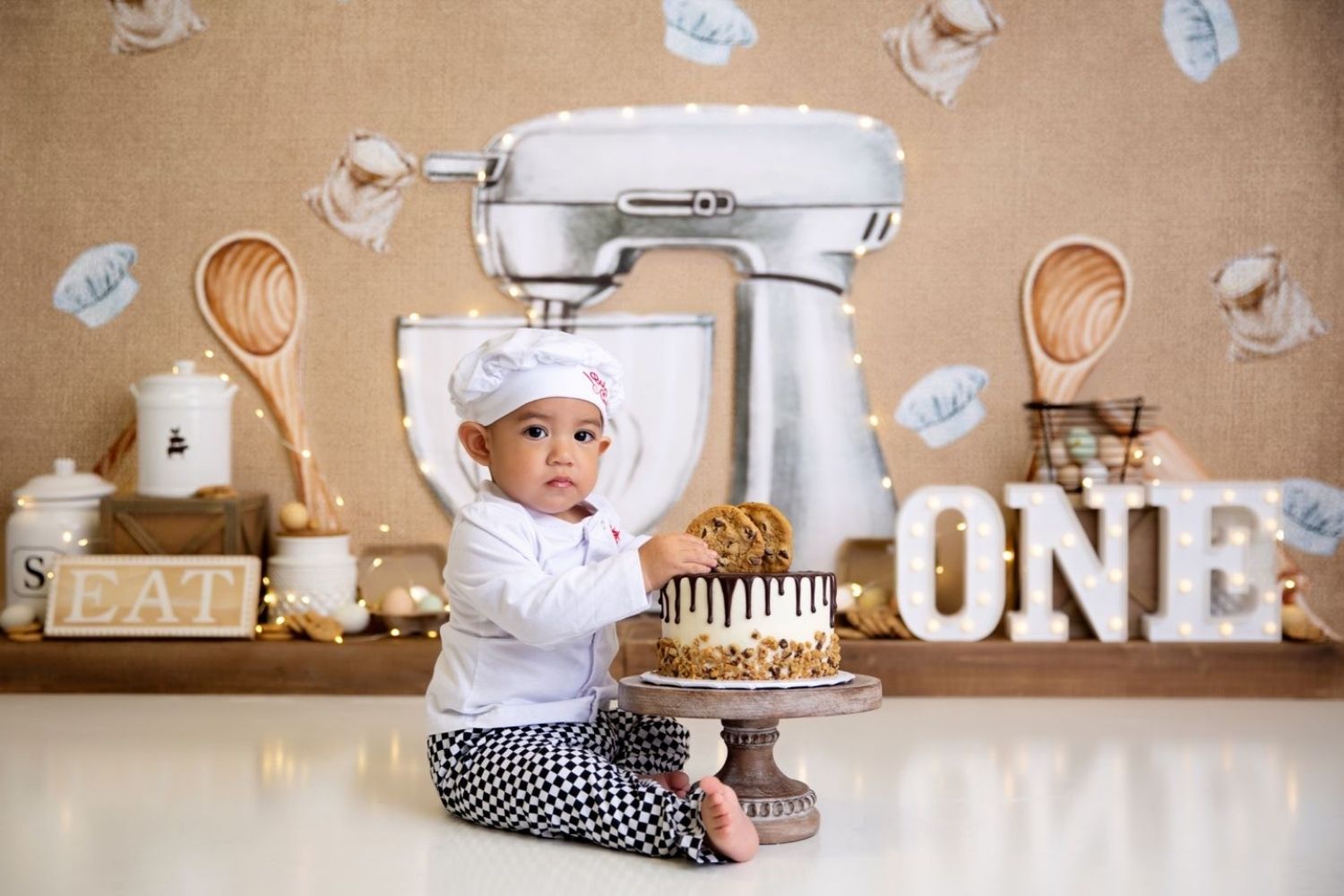 baby boy's cake smash photo with Kate Baking Cookies Backdrop for Photography Designed by Megan Leigh Photography
