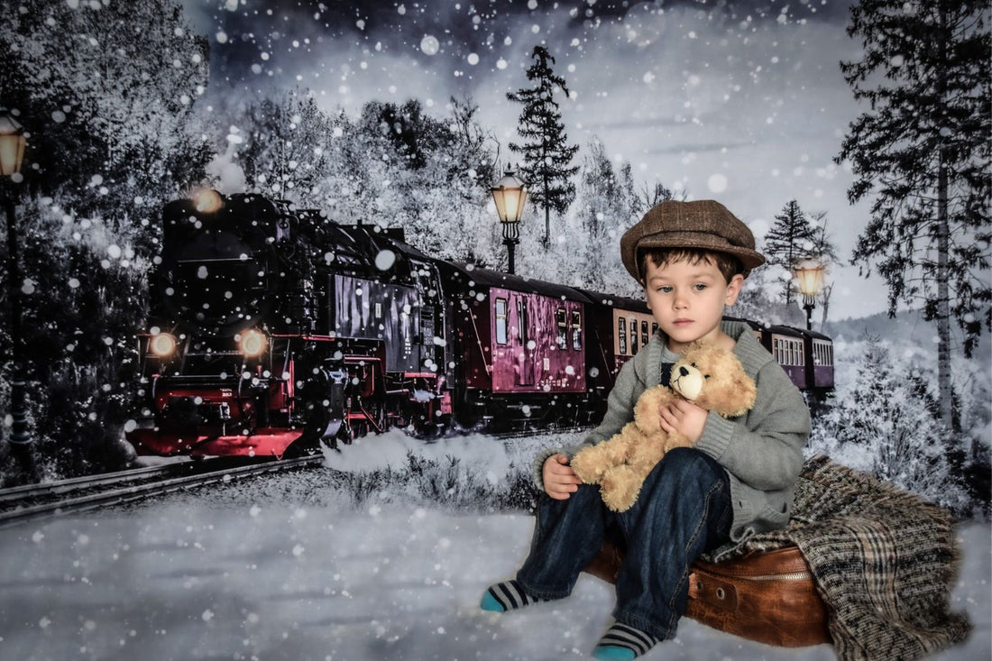 boy's Christmas snow photo with Kate Winter Christmas Train Backdrop Snow Designed by Chain Photography