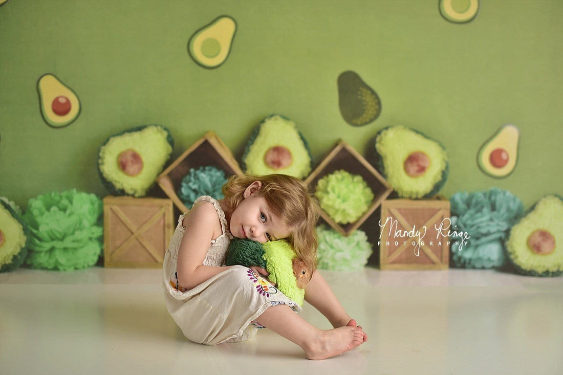 girl's photo with Kate Green Avocado Party Children Backdrop Designed By Mandy Ringe Photography