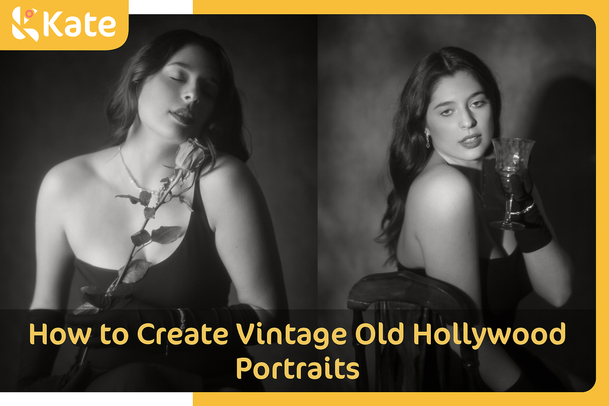 Black-and-white vintage Hollywood portraits of a model holding a rose and a glass against a textured studio backdrop.