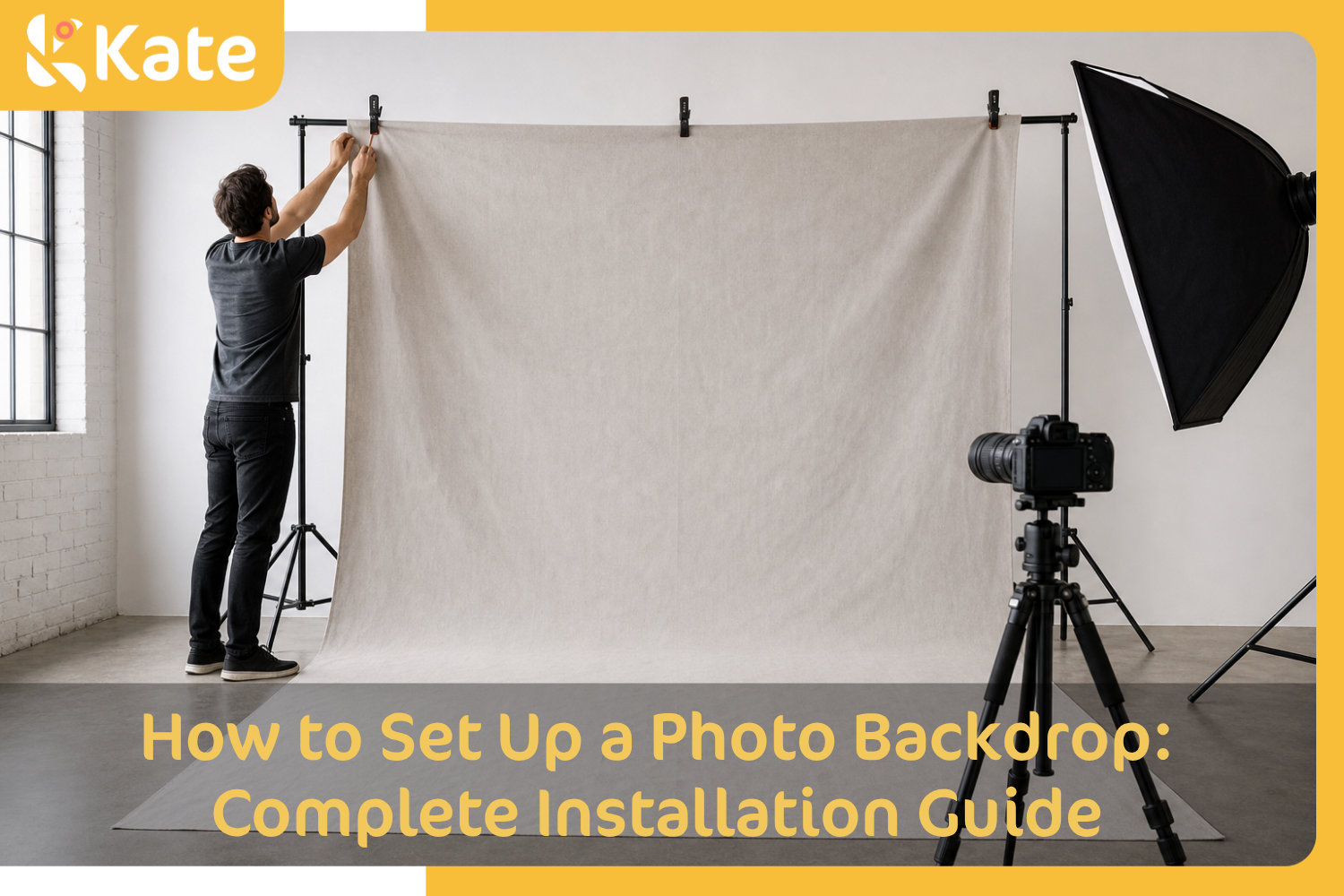 Photographer installing a fabric backdrop on a stand in a studio.