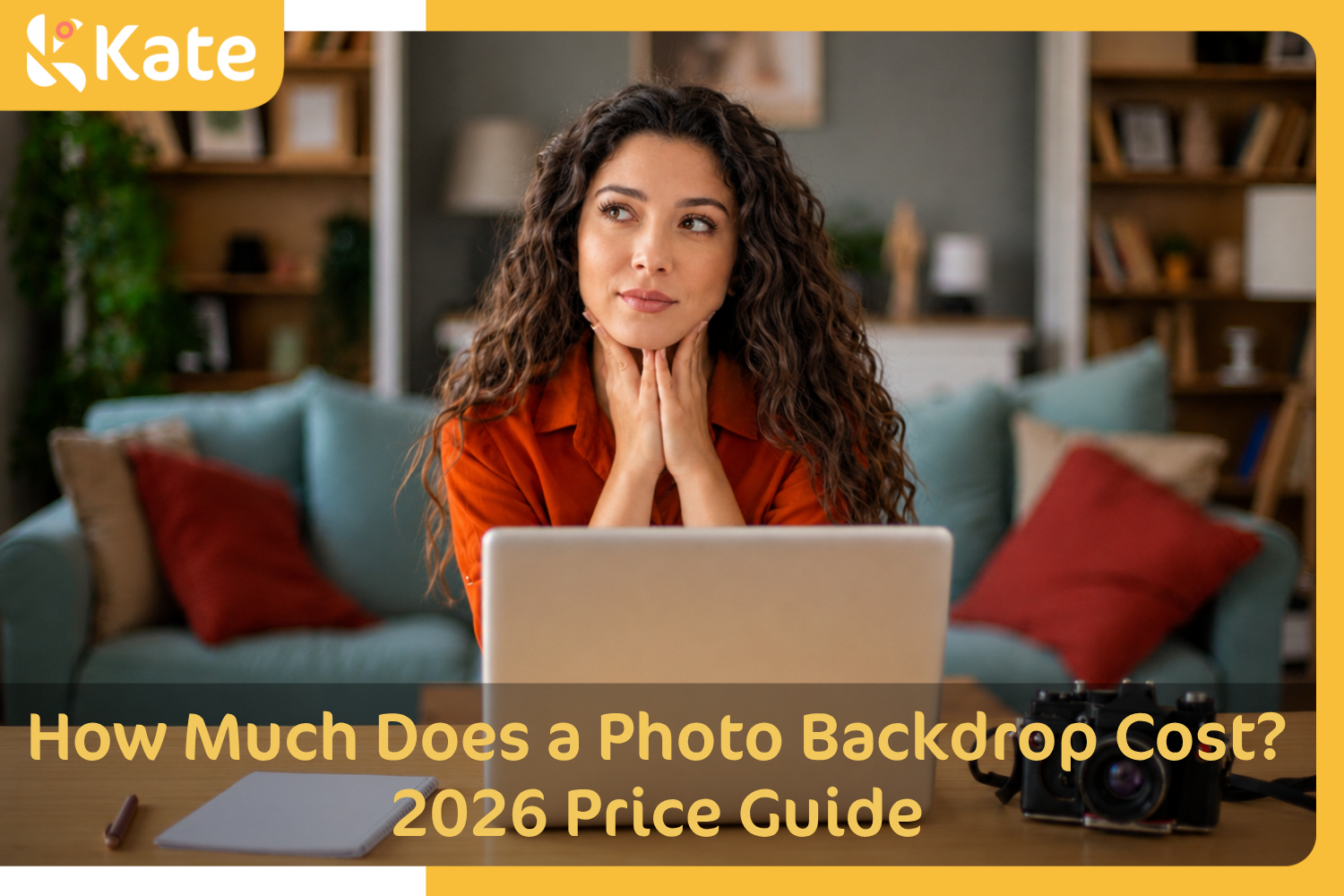 Woman thinking beside a camera in a home photography setup