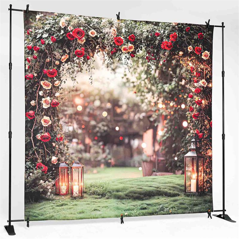 Bokeh floral arch backdrop hanging on a photography stand