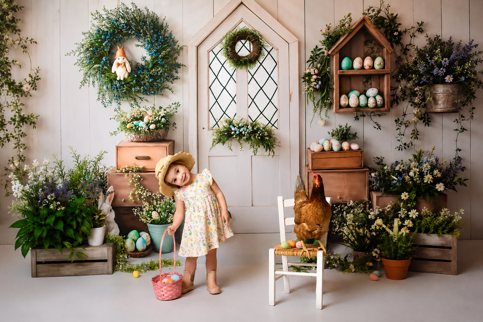 Little girl holding an Easter basket in a Easter-themed farmhouse photo scene