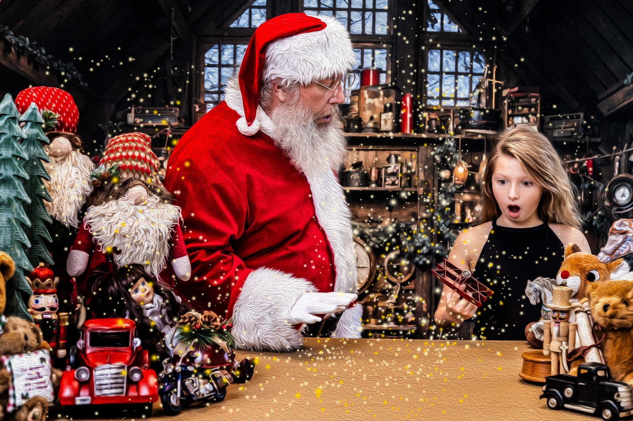 Surprised little girl sharing a magical Christmas moment with Santa in a festive holiday photo setup.
