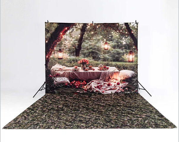 An outside romantic photo set with a portable photo stand