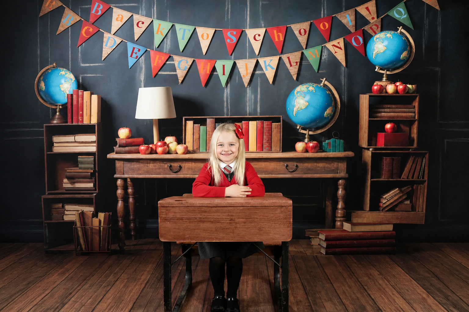 Smiling young girl sitting at a wooden school desk in a vintage back to school portrait scene with books, globes, apples, and alphabet banners.