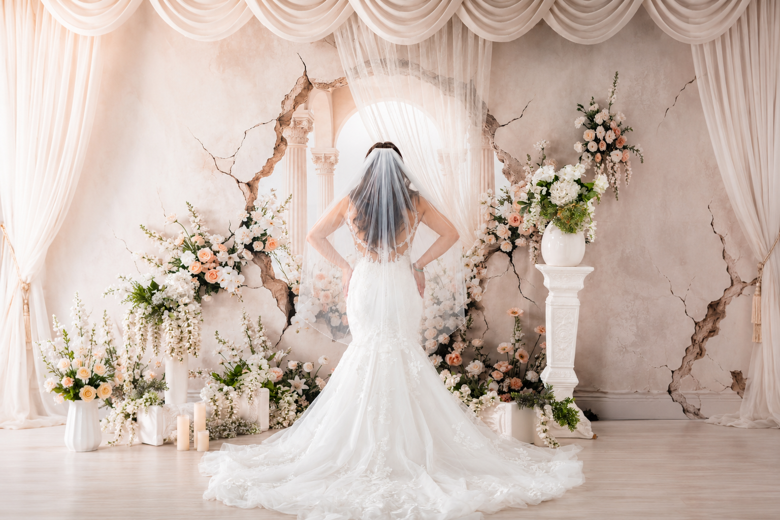 Bride in a white wedding dress and veil standing in front of a romantic floral arch backdrop.