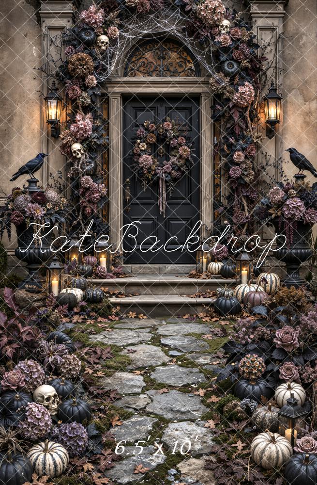 Kate Halloween Gothic Vintage Black Doorway Flower Arch Ravens Pumpkins Printed Backdrop Designed by Emetselch