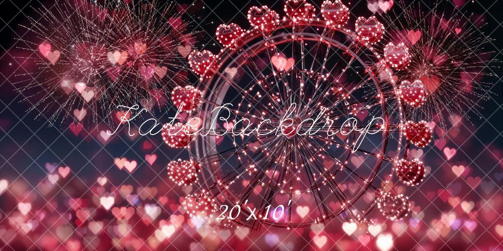 Kate Valentine's Day Ferris Wheel Fireworks Red Hearts Backdrop Designed by Emetselch