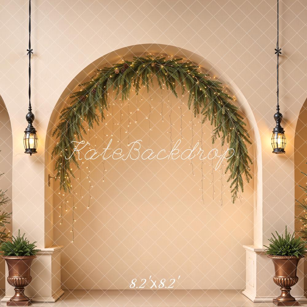 Lightning Deal Kate Christmas Arched Wall Minimalist Greenery Trees Lanterns Printed Backdrop Designed by Emetselch