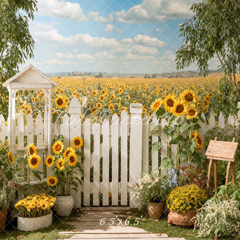 Kate Summer Sunflower Field White Picket Fence Garden Printed Backdrop Designed by Emetselch