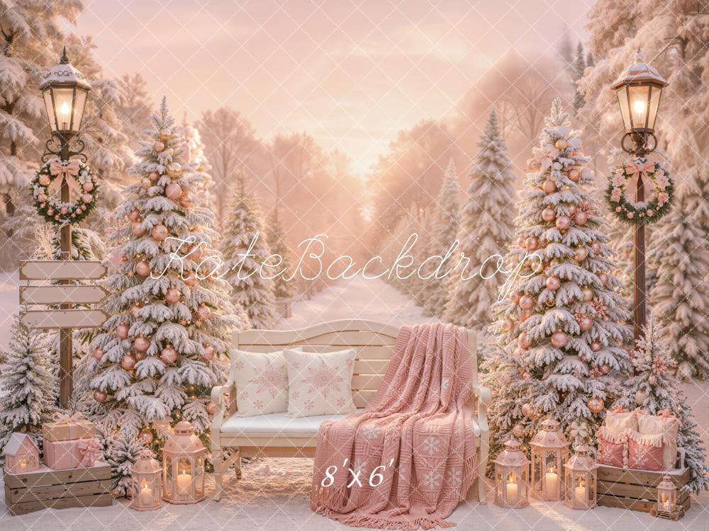 Kate Christmas Snowy Trees Bench Pink Gifts Outdoor Printed Backdrop Designed by Emetselch