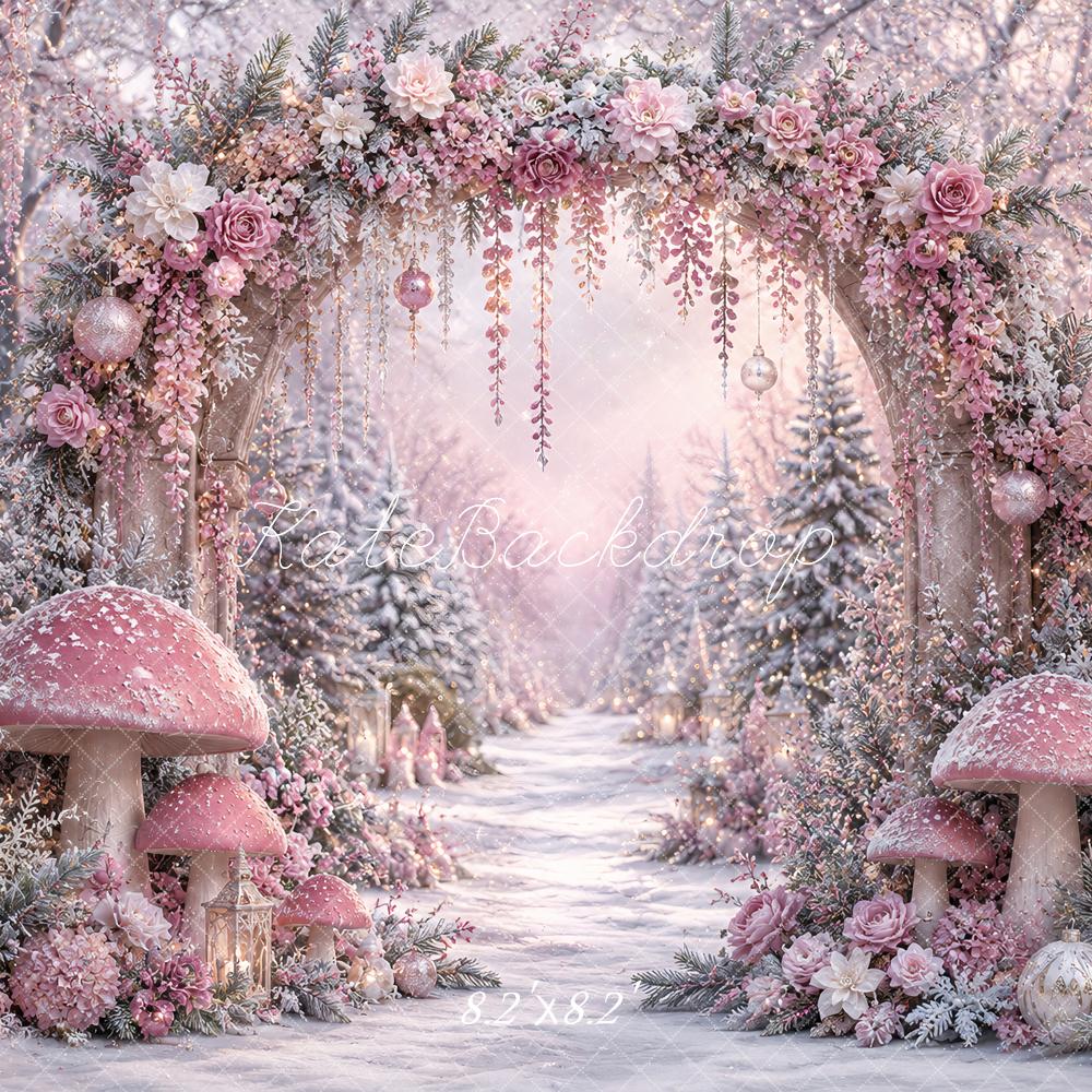 Kate Winter Wonderland Mushrooms Pink Floral Arch Snowy Forest Printed Backdrop Designed by Ashley Paul