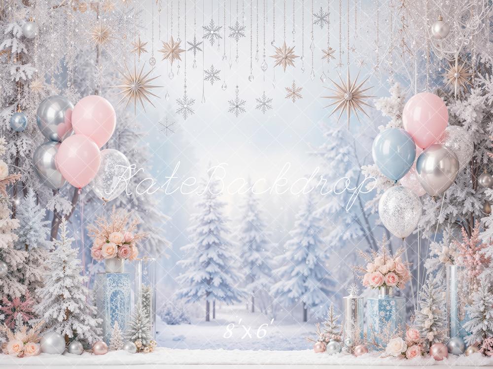 Kate Christmas Snowy Trees Balloons Ornaments Printed Backdrop Designed by Shutter Swan Studios
