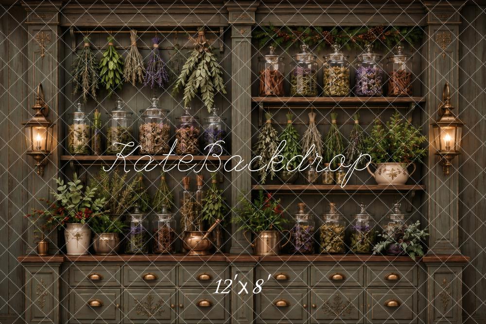 Kate Apothecary Cabinet Herbs Jars Greenery Printed Backdrop Designed by Vertigo Productions