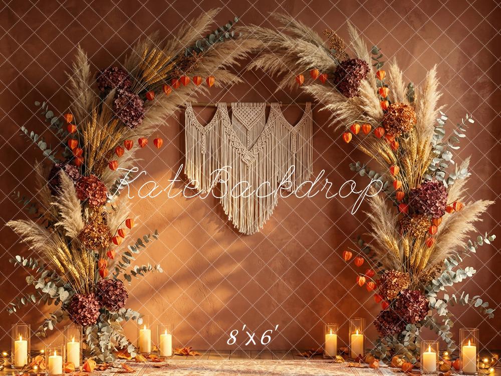 TEST Kate Boho Flower Arch Pampas Grass Candles Brown Printed Backdrop Designed by Happy Squirrel Design
