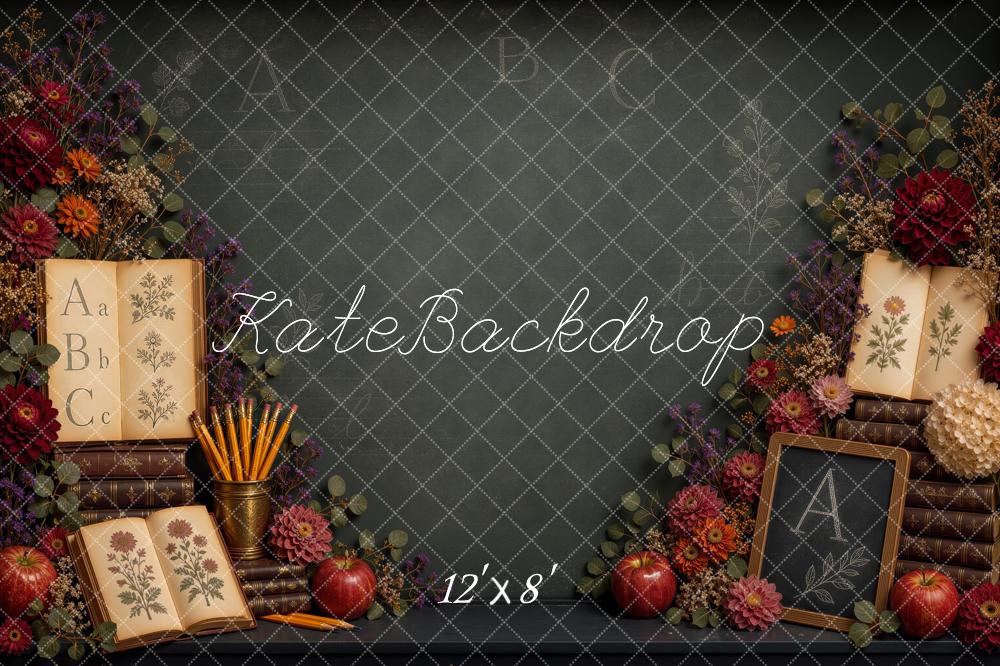 Kate Back to School Chalkboard Books Flowers Apples Printed Backdrop Designed by Ashley Ward