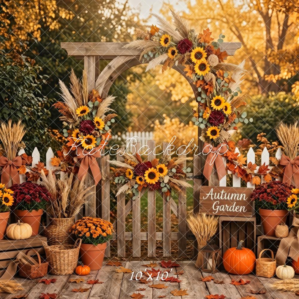 Kate Fall Rustic Flower Arch Sunflowers Pumpkins White Fence Printed Backdrop Designed by Patty Roberts