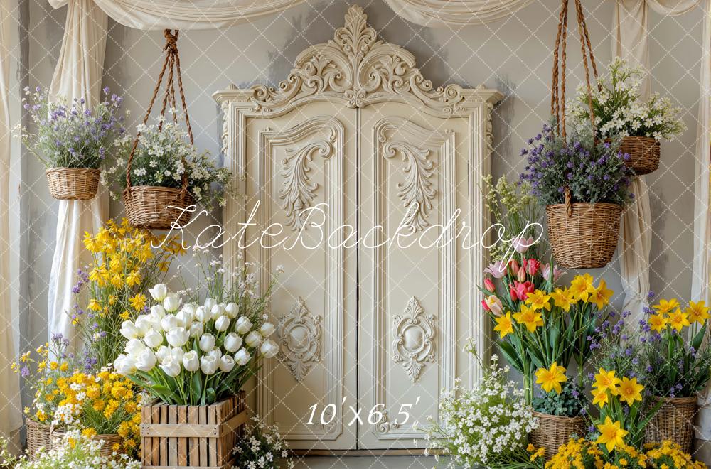 Kate Spring Flowers Retro Cream Door Hanging Baskets Backdrop Designed by Mini MakeBelieve