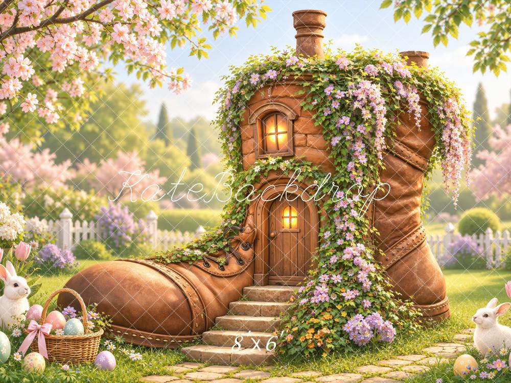 Kate Easter Boot House Bunny Flower Garden Printed Backdrop Designed by Emetselch