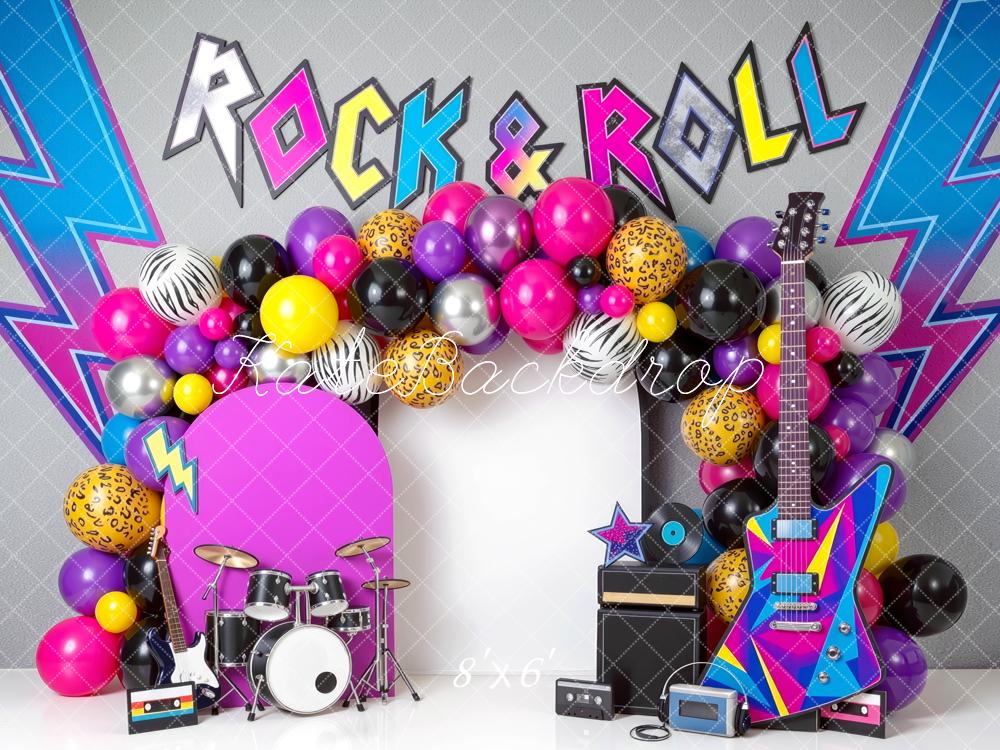 Kate Birthday Rock & Roll Balloon Arch Guitar Drum Set Printed Backdrop Designed by Mini MakeBelieve