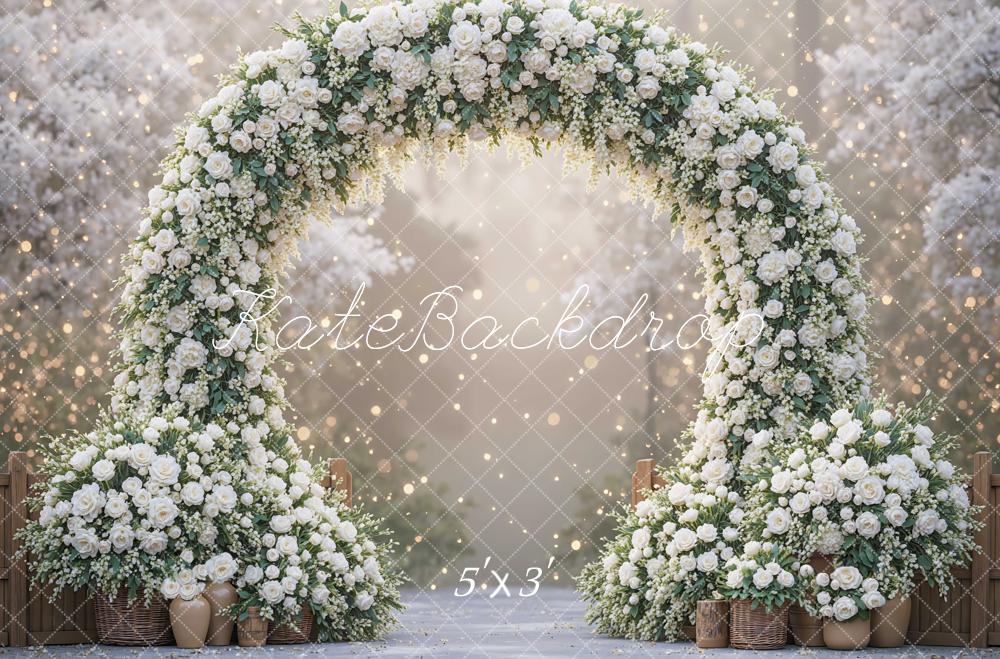Kate Spring Flower Arch White Roses Bokeh Backdrop Designed by Mini MakeBelieve