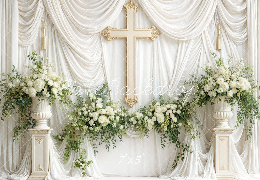 Kate Church Wedding White Drapery Cross Floral Columns Printed Backdrop Designed by Mini MakeBelieve