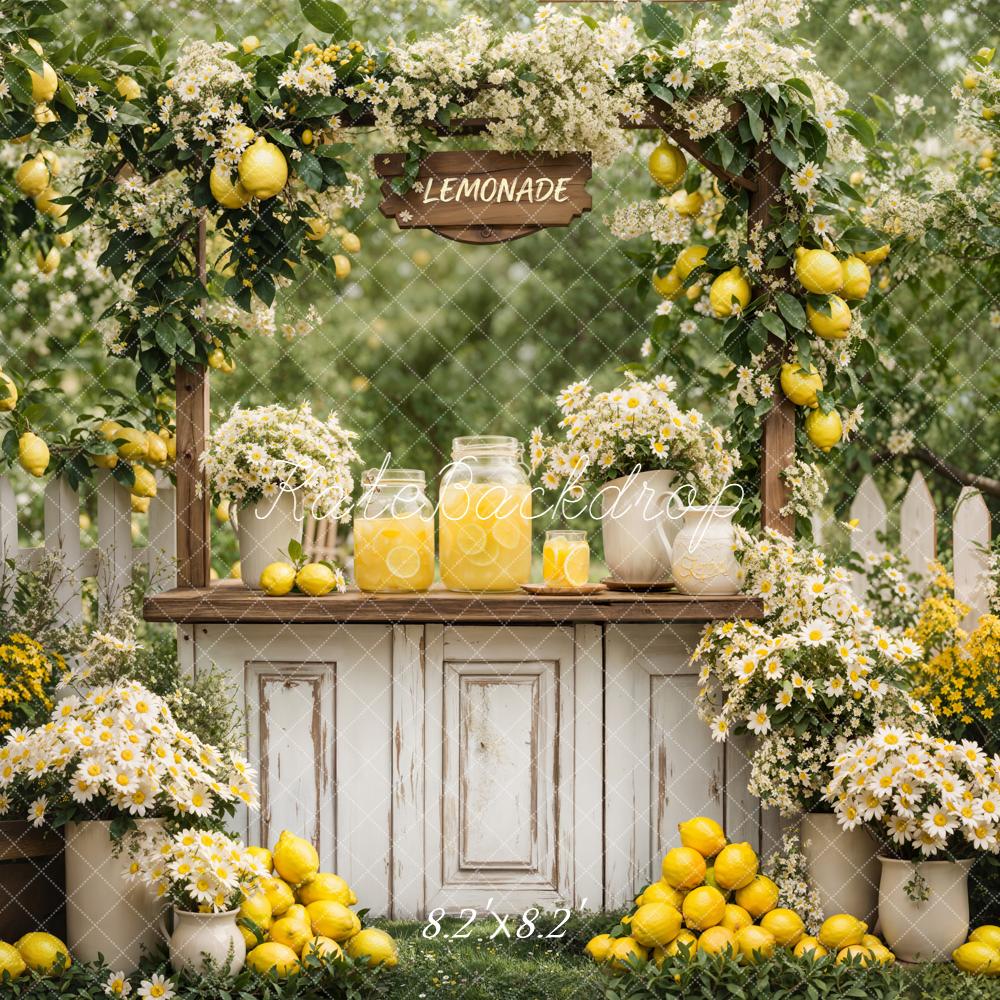 Kate Summer Lemonade Stand Lemons White Flowers Garden Printed Backdrop Designed by Emetselch