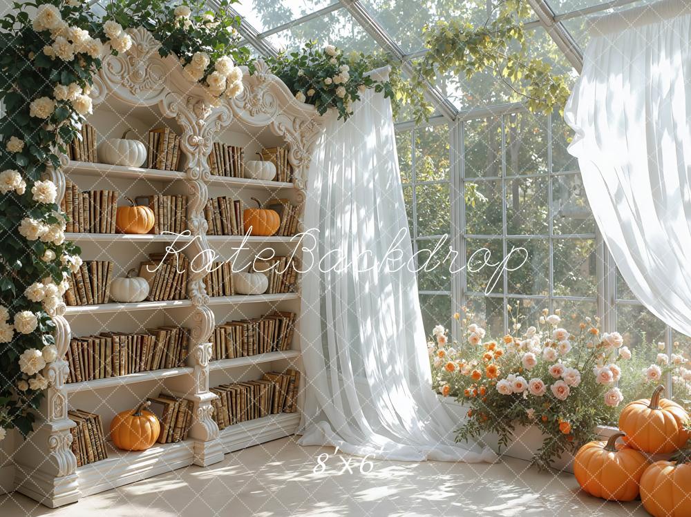 Kate Fall Bookshelf Pumpkins Floral Sunroom Curtains Backdrop Designed by Mini MakeBelieve