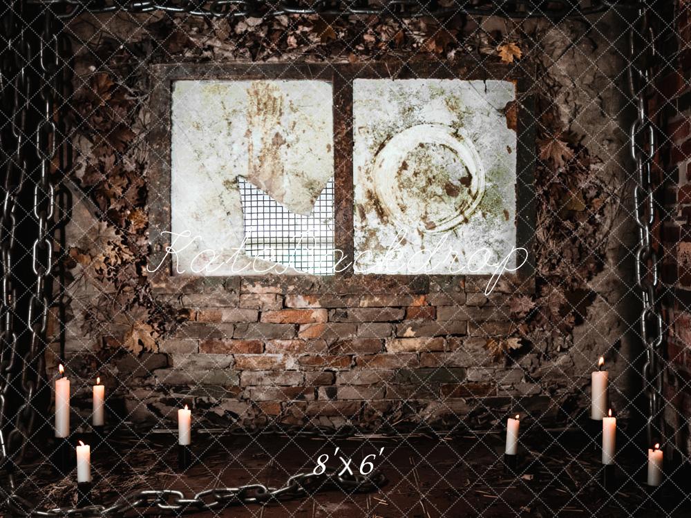 Kate Halloween Spooky Brick Wall Chains Candles Window Printed Backdrop Designed by Fantasyphotoart