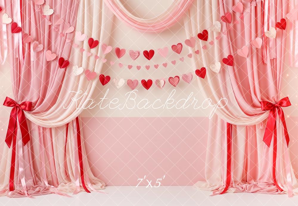 Kate Valentine's Day Heart Bunting Draped Curtains Bow Printed Backdrop Designed by Angela Miller