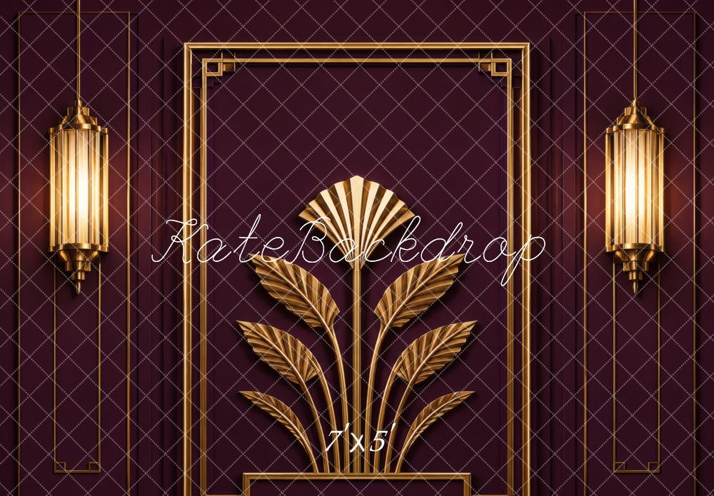 Kate 20's Retro Art Deco Gold Wall Sconces Burgundy Wall Printed Backdrop Designed by Vertigo Productions