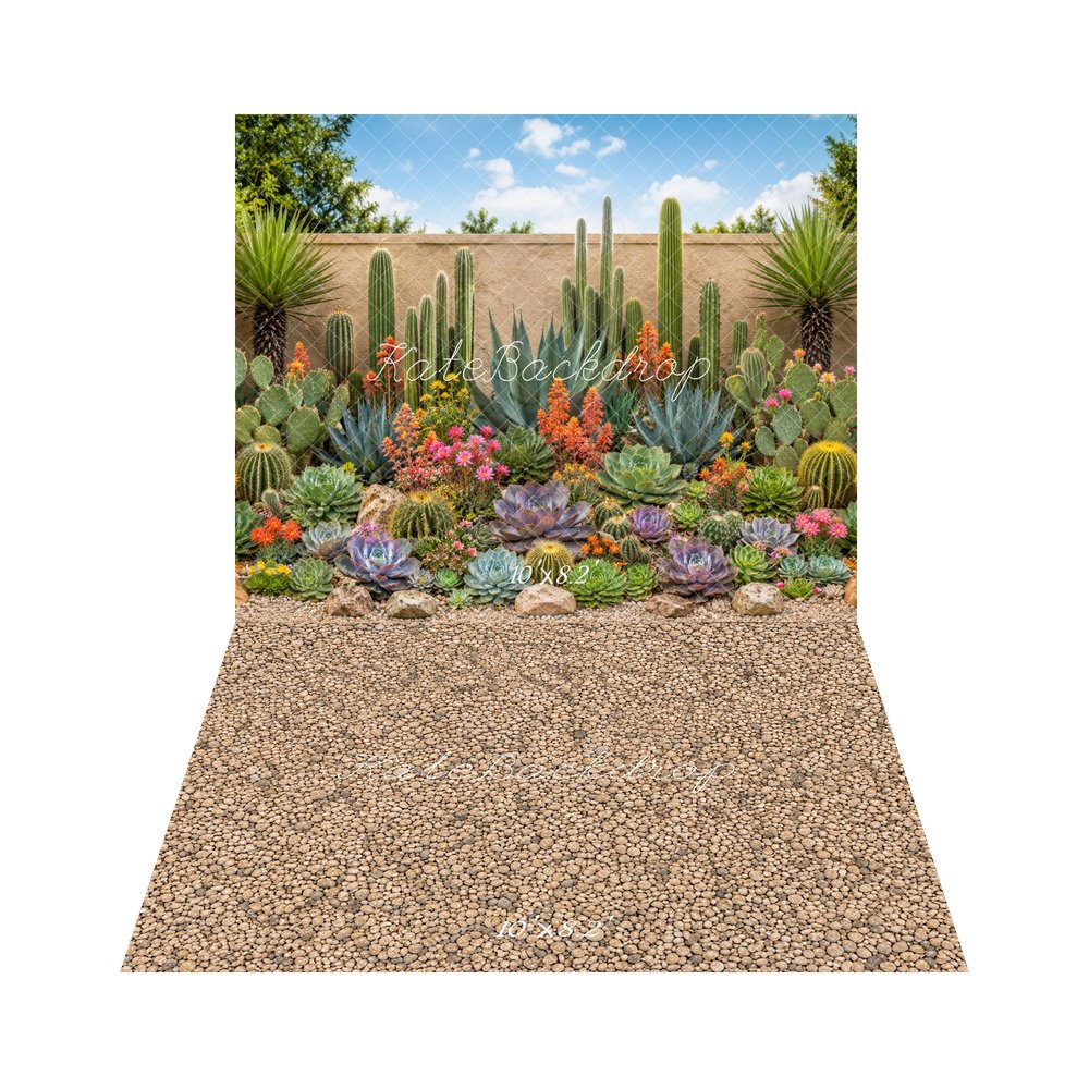 Kate Outdoor Cactus Succulent Garden Stone Printed Backdrop+Brown Pebble Floor Printed Backdrop