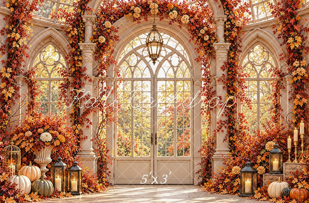 Kate Fall Gothic Greenhouse Pumpkins Flower Arch Orange Leaves Printed Backdrop Designed by Emetselch