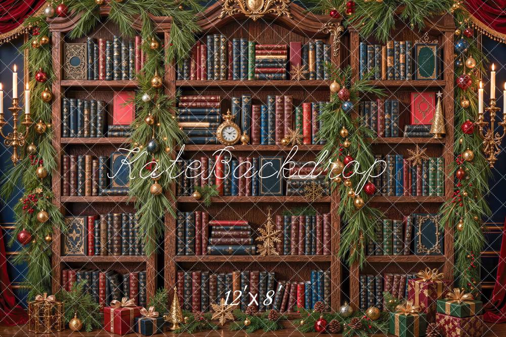 Kate Christmas Vintage Library Bookshelf Garland Printed Backdrop Designed by Mini MakeBelieve