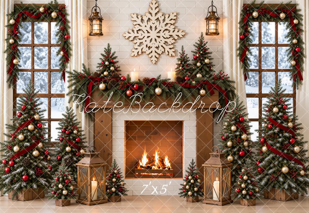 Kate Christmas Fireplace Christmas Trees Red Ribbon Garland Snowflake Printed Backdrop Designed by Emetselch