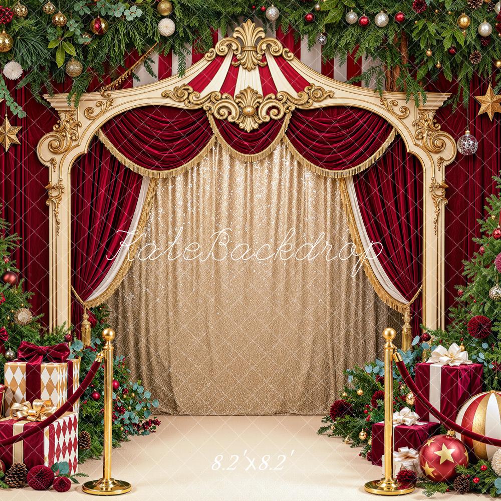 Kate Christmas Trees Carousel Circus Red Curtains Ball Printed Backdrop Designed by Mini MakeBelieve