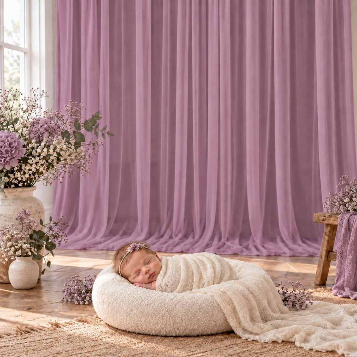 Kate Purple 5x15ft Ethereal Soft Veil Drapery – Semi-Sheer Flowing Fabric for Photography & Event Styling