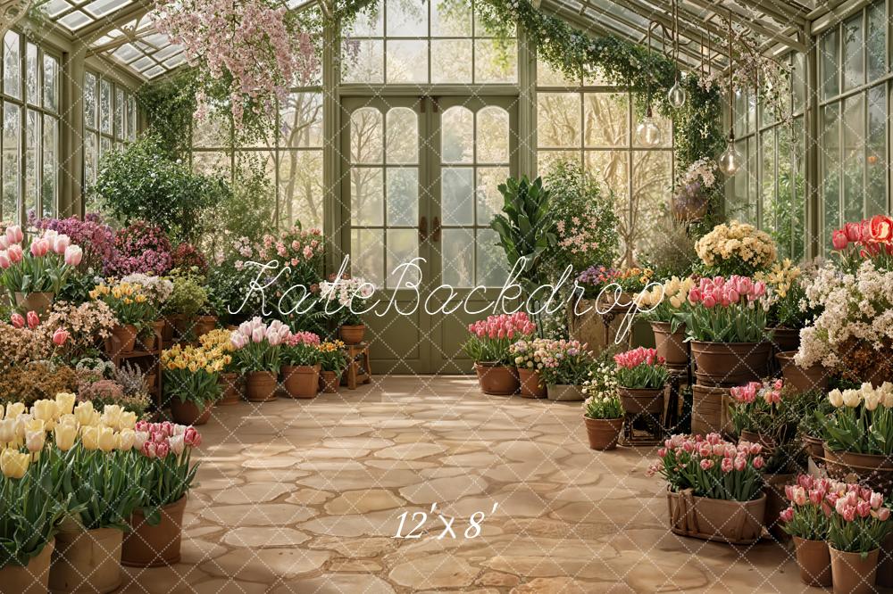 Kate Spring Greenhouse Flower Pots and Stone Floor Printed Backdrop Designed by Emetselch