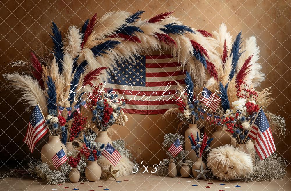 Kate Patriotic Boho Pampas Flower Arch American Flag Printed Backdrop Designed by Emetselch