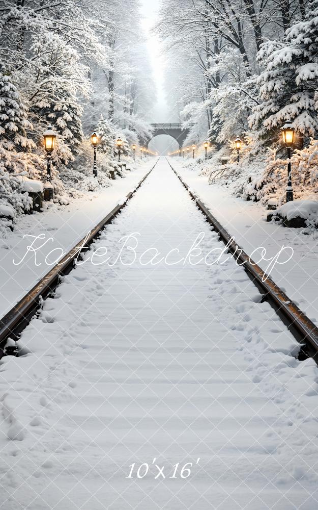 Kate Sweep Winter Snowy Railroad Forest Lamp Posts Printed Backdrop Designed by Mini MakeBelieve