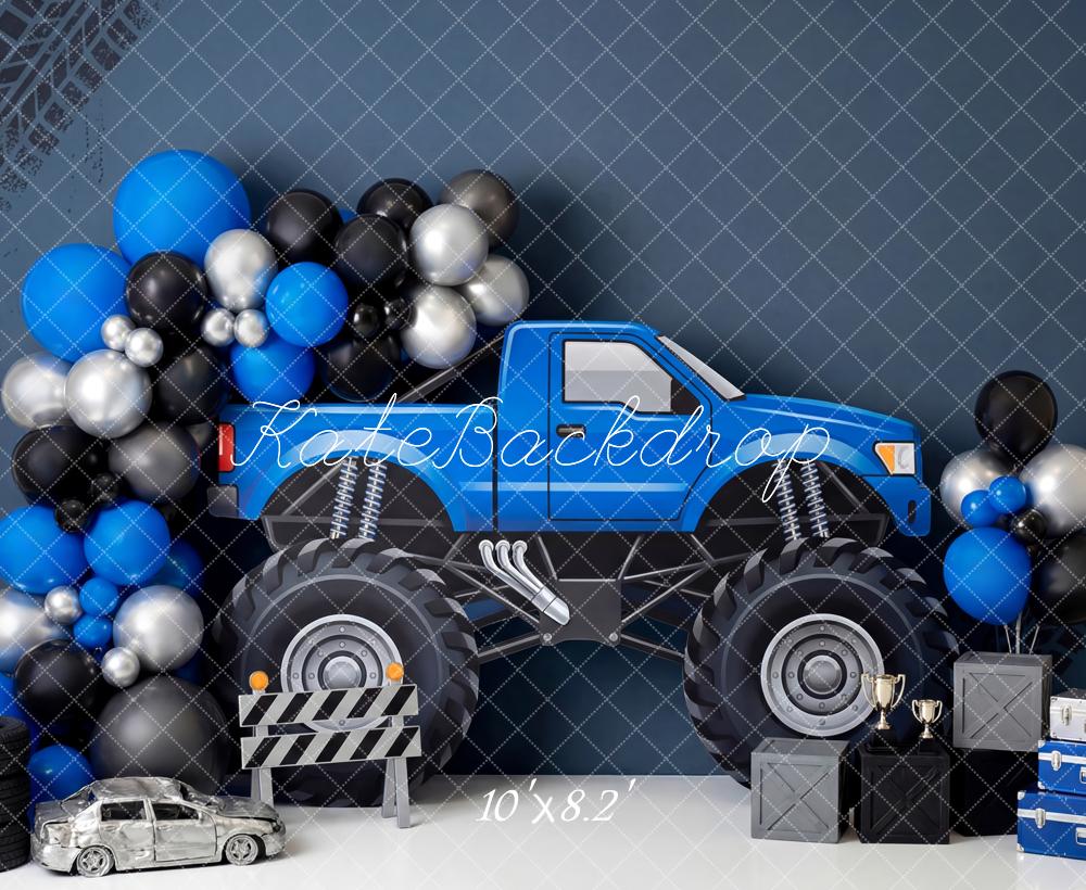 Kate Cake Smash Truck Blue Balloons Tire Tracks Printed Backdrop Designed by Patty Roberts