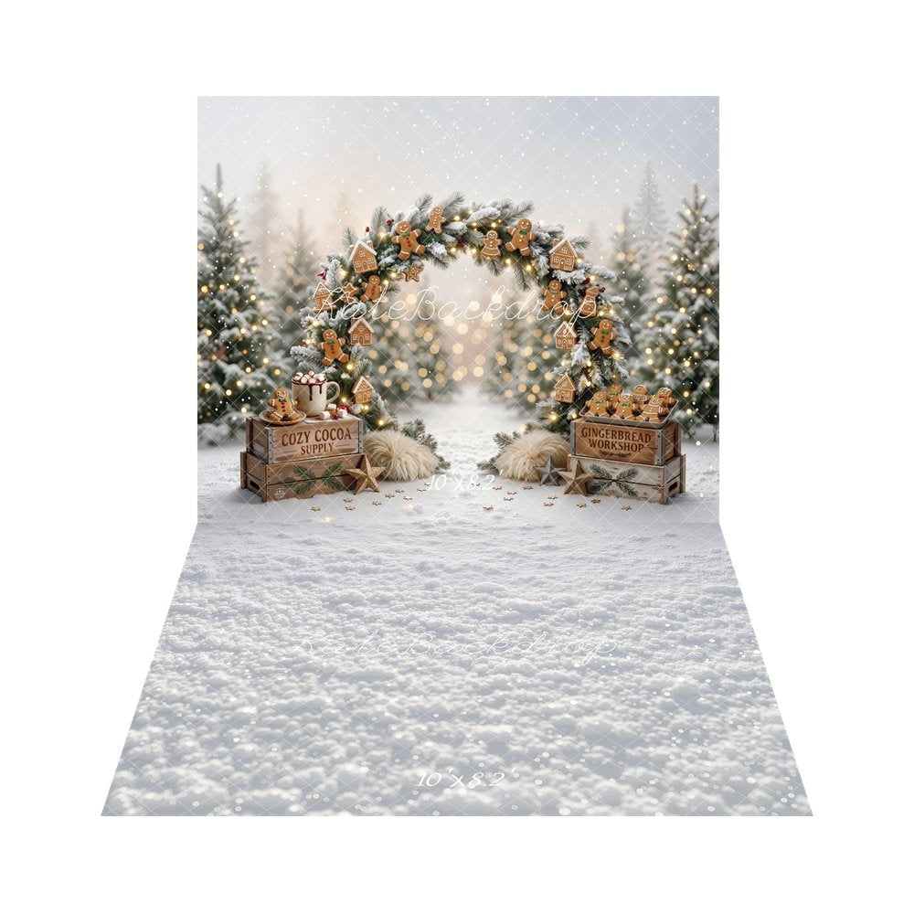 Kate Christmas Gingerbread Arch Cozy Cocoa Snowy Trees Printed Backdrop+Snowy White Winter Texture Printed Backdrop