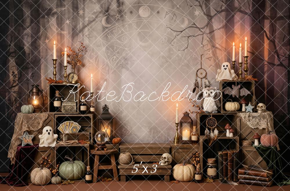 Kate Halloween Apothecary Cabinet Candles Pumpkins Spooky Printed Backdrop Designed by Patty Roberts