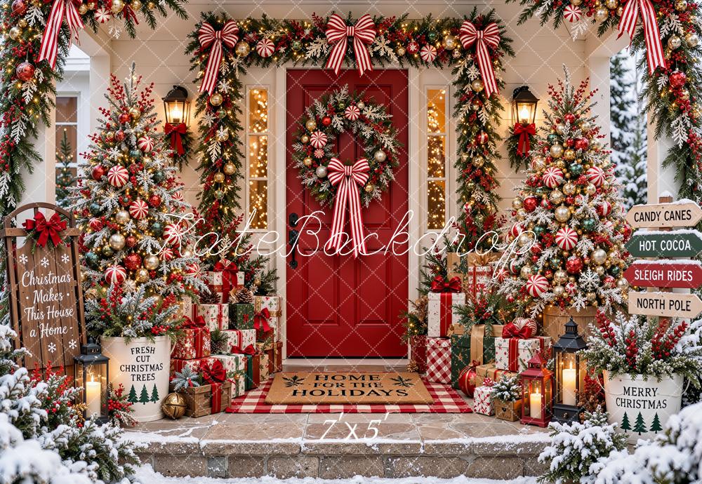 Kate Christmas Red Front Door Peppermint Trees Garland Snow Printed Backdrop Designed by Shutter Swan Studios