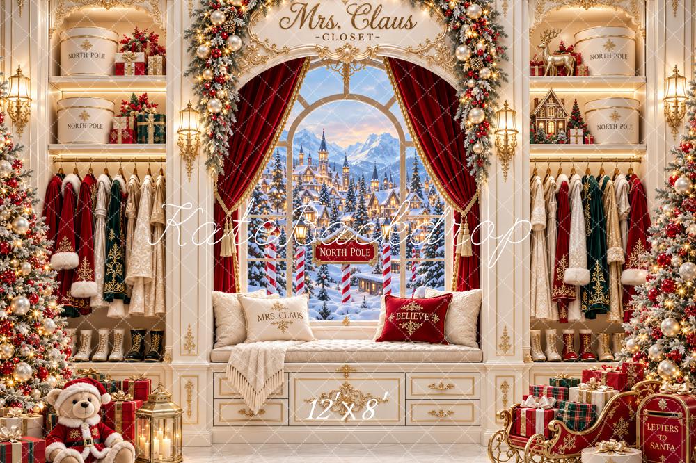 Kate Christmas Mrs. Claus Closet North Pole Window Teddy Bear Printed Backdrop Designed by Ashley Paul