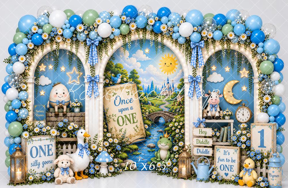 Kate 1st Birthday Nursery Storybook Balloon Arch Goose Blue Printed Backdrop Designed by Ashley Paul