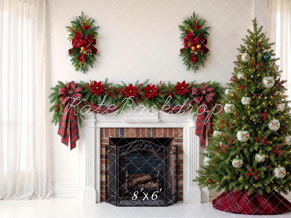 Kate Christmas Living Room Garland Fireplace Tree Red Plaid Bow Printed Backdrop Designed by Mini MakeBelieve